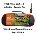 Carrying case for Ground Puppy® Screw in Pegs 10 Pack with free 19mm socket and adaptor on a white background