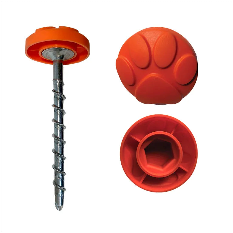 Metal screw in peg with orange plastic caps on a white background