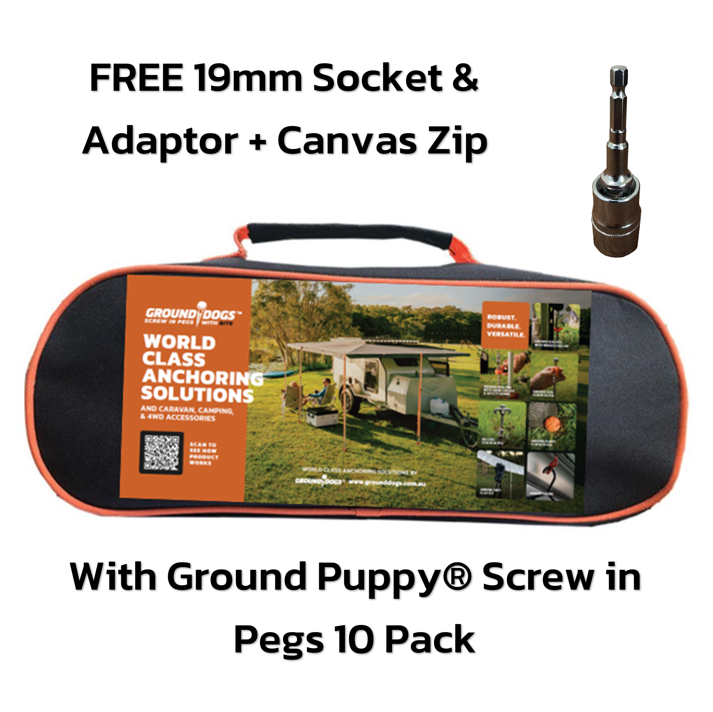 Carrying case for Ground Puppy® Screw in Pegs 10 Pack with free 19mm socket and adaptor on a white background